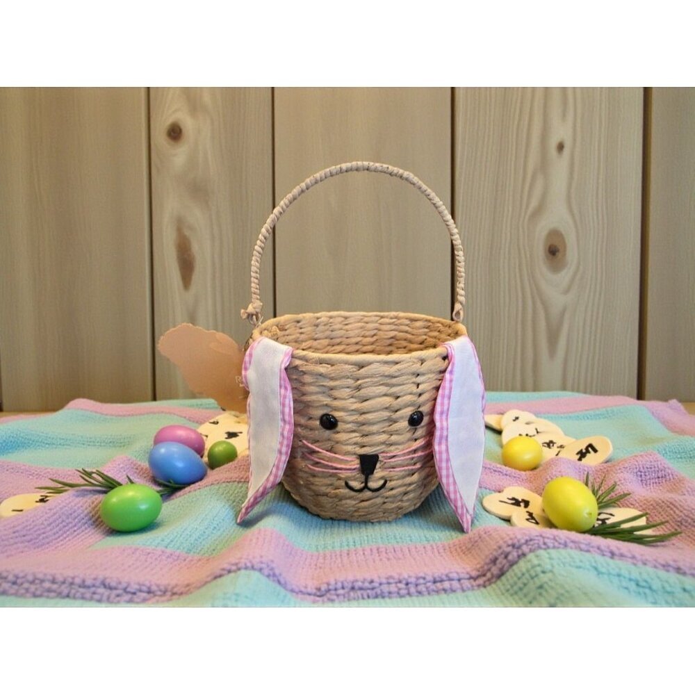 New Large Farmhouse Woven Rattan Pink Bunny Easter Basket W/ Ears Kids Girl